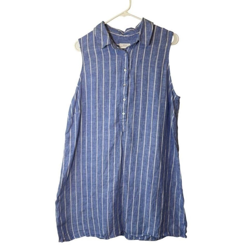 C&C California Blue White Striped 100% Linen Sleeveless Tunic Top 1X Beach
